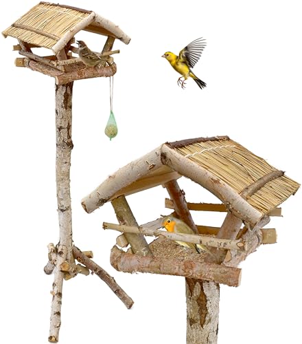 Vogelhaus aus Birkenholz 132cm mit Ständer Vogelfutterhaus Futterhaus Vogelhäuschen Vogel Ständer Reetdach Natur von Stephans Möbelbörse