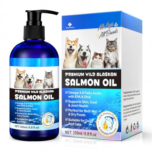 SteriMedo Lachsöl für Hunde & Katzen 250 ml, Omega 3-6 Fischöl aus Wildlachs, Unterstützt Fell, Haut, Gelenke, Hochdosierter Futterzusatz, Geeignet für alle Rassen von SteriMedo