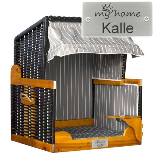 Hunde-Strandkorb mit Gravur zB My Home (Name), personalisiertes Edelstahlschild, Hundekorb/Hundebett schwarz-grau von Sterngraf