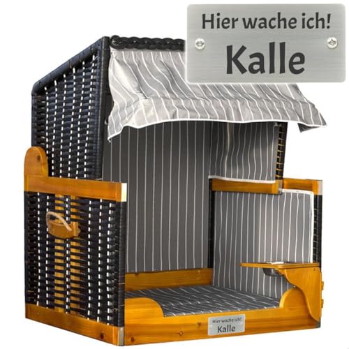 Hunde-Strandkorb mit Gravur zB Wunschtext (Name/Spruch), personalisiertes Edelstahlschild, Hundekorb/Hundebett schwarz-grau von Sterngraf