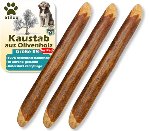 Stilux® 3er Set Kauhloz aus Olivenholz für Hunde bis 5Kg, Größe XS, Kauknochen Hundespielzeug, natürliches Welpenspielzeug zur Hund Zahnpflege von Stilux