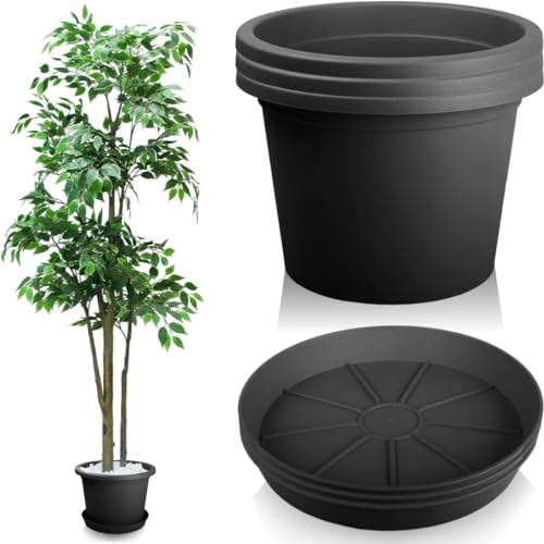Stimo 3X Blumentopf 34cm mit Untersetzer 30cm Grau Pflanzkübel Kunststoff Pflanztopf Rundtopf (Anthrazit) von Stimo