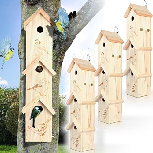 3er Set Vogelhaus 3-stöckig Nistkasten Reihenhaus aus Massivholz inklusive Aufhängevorrichtung für Meisen und kleine Singvögel von Stimo