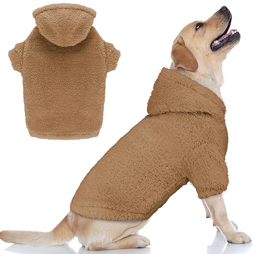 Fuzzy Hundepullover für große Hunde, Hunde-Kapuzenpullover, Hundekleidung, warm, weich, mit Kapuze, Sweatshirt für große Hunde, Kaffeebraun, Größe L von Stpiatue
