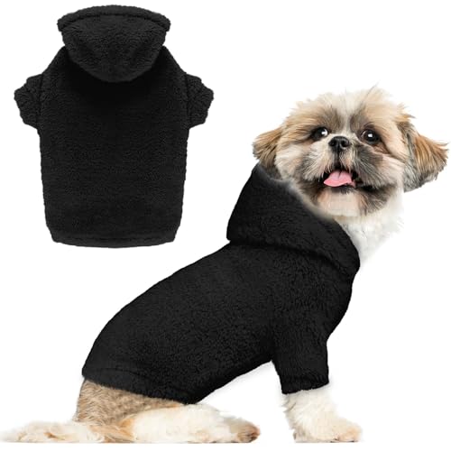 Fuzzy Hundepullover für kleine Hunde, Hunde-Kapuzenpullover, Haustierkleidung, warm, weich, gemütlich, Kapuzen-Sweatshirt, Fleece, für kleine Haustiere, Größe S, Schwarz von Stpiatue