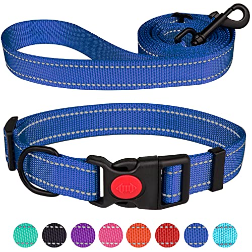 Reflektierendes Hundehalsband und Leine, Set mit Sicherheitsverschluss, Nylon, Haustierhalsbänder, verstellbar für kleine, mittelgroße und große Hunde, 3 Größen (Marineblau und M) von Stpiatue