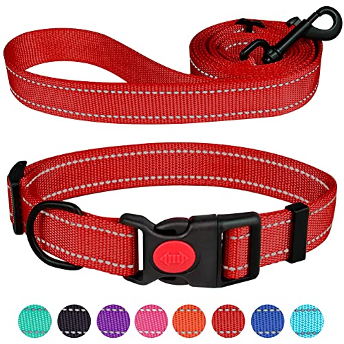 Reflektierendes Hundehalsband und Leine, Set mit Sicherheitsverschluss, Nylon, Haustierhalsbänder, verstellbar für kleine, mittelgroße und große Hunde, 3 Größen (Rot und M) von Stpiatue