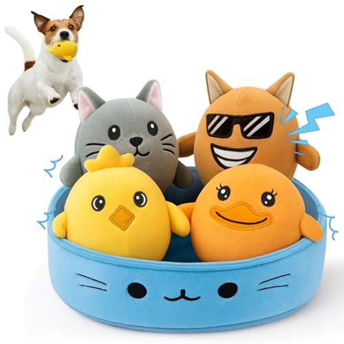 Emotionales Begleiter-Spielzeug für kleine Hunde: 4er-Pack Quietschendes Plüsch-Welpenspielzeug mit weichem Tragekissen, niedliches Cartoon-Tier-interaktives Spielzeug für emotionalen Komfort Emotionales Begleiter-Spielzeug für kleine Hunde: 4er-Pack Quietschendes Plüsch-Welpenspielzeug mit weichem Tragekissen, niedliches Cartoon-Tier-interaktives Spielzeug für emotionalen Komfort von StrawbGira