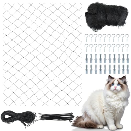 Strehknewen Katzennetz Balkon, 3 x 8 m Schwarzes Katzennetz Drahtverstärkung, Stark, Bissfest, Alterungsbeständig, Inkl. Befestigungsset für Sicheren Schutz im Innen- & Außenbereich von Strehknewen