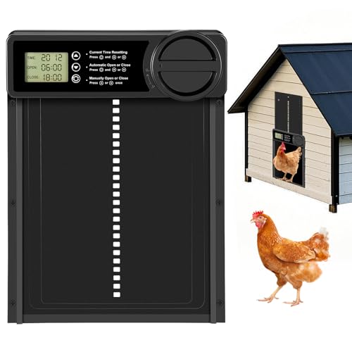 Aluminum Automatische Hühnerklappe Batterie, Große Elektrische Hühnerklappe Hühnertür mit Wasserdicht Display, Intelligenter Einklemmschutz, 24H Timer, Manuelle, Fernbedienung, für Hühner, Ente von Strixorn