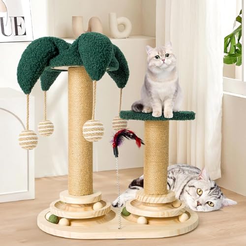 Strixorn 6 in 1 Interaktives Katzenspielzeug, Holz Katzenmöbel mit Hängenden Kugeln, Federn, Drehbar Smart Track Ball, Sisal und Juteseil Katzenkratzbaum mit Spielzeug für kleine und mittlere Katzen von Strixorn