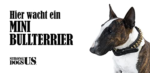 Strong Dogs US. /Hundeschild Warnschild Achtung Hier wache ich/Hinweisschild Gartentor Gartenzaun - Türschild Haustüre Warnschild/Abschreckung Einbruchschutz (Mini Bullterrier) von Strong Dogs US.