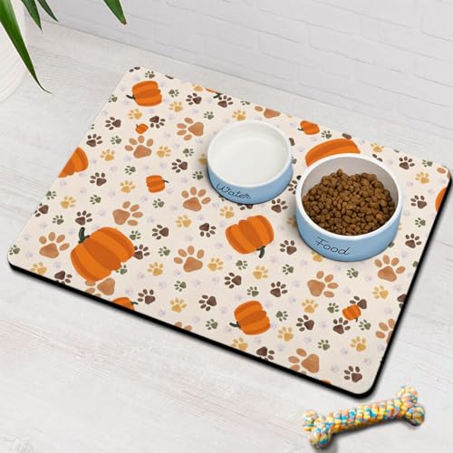Hundefutter- und Wassermatte, Pfotenabdrücke, Herbst-Futtermatte für Boden, rutschfest, wasserdicht, super saugfähig, leicht zu reinigen, umweltfreundlich, langlebig, Haustier-Tischset, 61 x 81,3 cm Hundefutter- und Wassermatte, Pfotenabdrücke, Herbst-Futtermatte für Boden, rutschfest, wasserdicht, super saugfähig, leicht zu reinigen, umweltfreundlich, langlebig, Haustier-Tischset, 61 x 81,3 cm von Stunnoosy