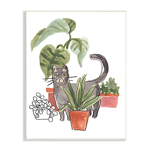 Stupell Industries June Erica Vess Wandschild mit Grauer Katze, Terrakotta, tropisches Monstera, 25,4 x 38,1 cm, Weiß von Stupell Industries