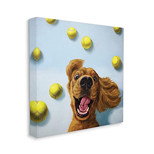 Stupell Industries Lucia Heffernan Leinwandbild, Motiv Happy Smiling Pet Hund mit gelben Tennisbällen, Blau von Stupell Industries