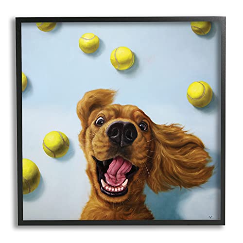 Stupell Industries Lucia Heffernan Wandkunst, gerahmt, Motiv Happy Smiling Pet Hund mit gelben Tennisbällen, Schwarz von Stupell Industries