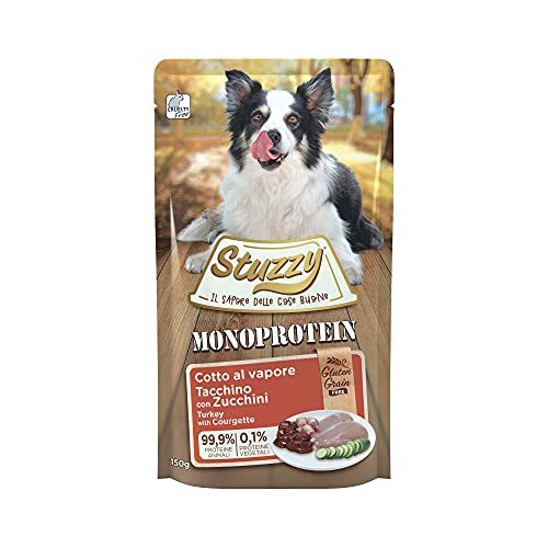Stuzzy, Monoprotein Grain & Gluten Free, Nassfutter für Erwachsene Hunde, Geschmack Truthahn und Zucchini, in Pastete - insgesamt 1,8 kg (12 Beutel x 150 g) von Stuzzy