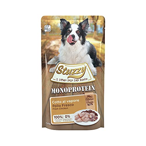 Stuzzy, Monoprotein Grain & Gluten Free, Nassfutter für Erwachsene Hunde, Geschmack frisches Huhn, auf Pastete - insgesamt 1,8 kg (12 Beutel x 150 g) von Stuzzy