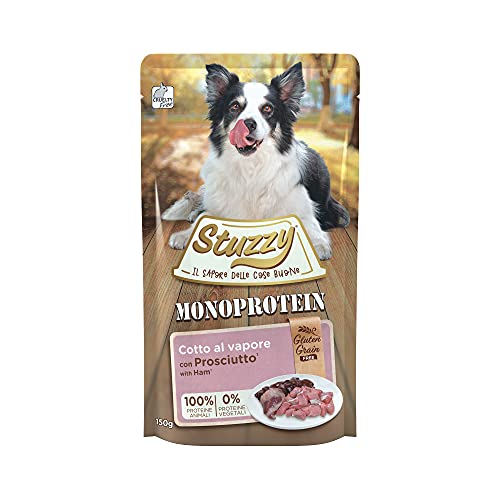 Stuzzy, Monoprotein Grain & Gluten Free, Nassfutter für Erwachsene Hunde, Schinkengeschmack, in Pastete - insgesamt 1,8 kg (12 Beutel x 150 g) von Stuzzy