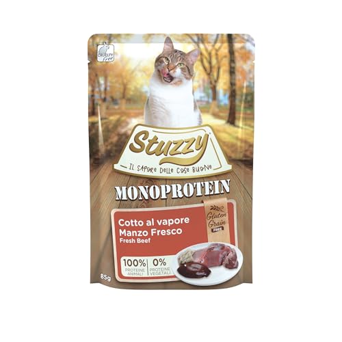Stuzzy, Monoprotein Grain & Gluten Free, komplettes Nassfutter für Erwachsene Katzen mit Rind, in Paste - (20 Beutel à 85 g) von Stuzzy