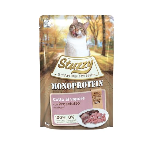 Stuzzy, Monoprotein Grain & Gluten Free, komplettes Nassfutter für Erwachsene Katzen mit Schinken, in Paste - (20 Beutel à 85 g) von Stuzzy