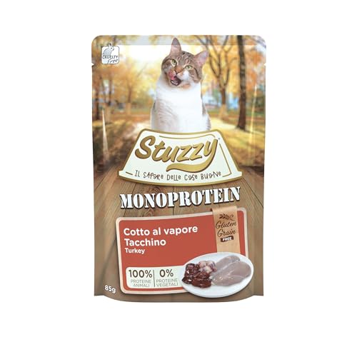 Stuzzy, Monoprotein Grain & Gluten Free, komplettes Nassfutter für Erwachsene Katzen mit Truthahn, in Paste - (20 Beutel à 85 g) von Stuzzy