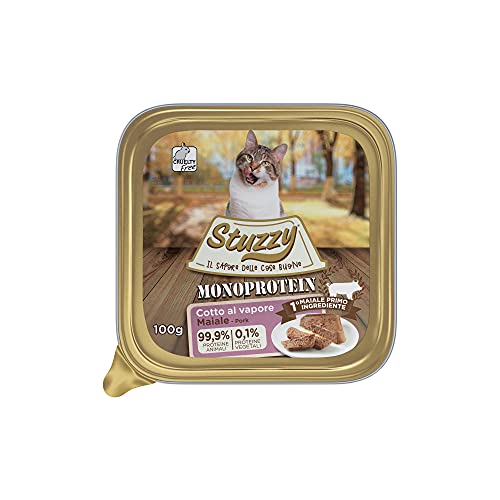 Stuzzy, Monoprotein Grain & Glutenfrei, Nassfutter für Erwachsene Katzen, Schweinefleisch, Zubereitung auf Pastete - insgesamt 3,2 kg (32 Becher x 100 g) von Stuzzy