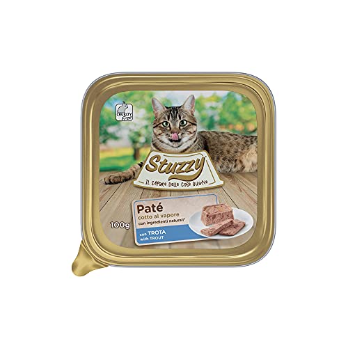 Stuzzy Mister, Nassfutter für Erwachsene Katzen, Forelle, Pastete und Fleisch in Stücken, insgesamt 3,2 kg (32 Becher x 100 g) von Stuzzy