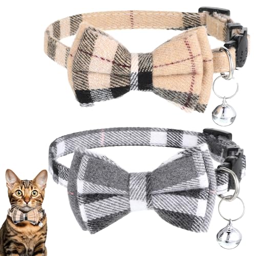 Katzenhalsband mit Fliege und Glöckchen, Katzenhalsband, Breakaway, Fliege, kariert, weich, verstellbar, Kätzchen-Zubehör für Welpen und kleine Haustiere, 2 Stück von Styquenzer