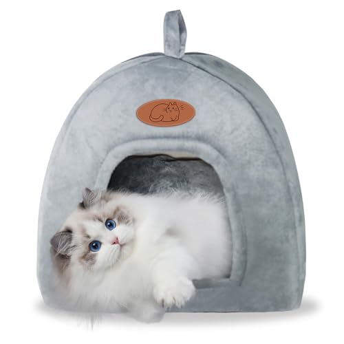 Katzenhöhle Katzenbett, Waschbares Katzenhaus Haustierbett, Weiches Komfort Zelt Katzenstreu Bett, Warme Katzenhöhle Beruhigendes Bett für Katzen und kleine Hunde Schlafen (Hellgrau) von SuQurtom