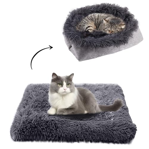 SuQurtom Faltbar Katzenbett & Decke - Plüschiges Katzensofa Welpenbett Haustier Matte, Weiches Haustierbett für Kätzchen & Kleine Hunde, Maschinenwaschbar Dunkelgrau von SuQurtom