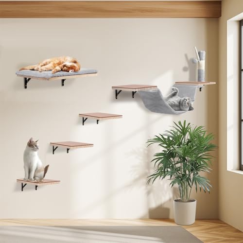 Katzen-Wandregale, Massivholz Katzenwandmöbel Set, mit Katzenbett, Hängematte, Filzleiter, Sisal-Kratzbaum & Ball (Grau) von Sublimei