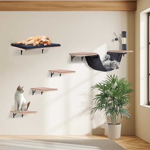 Sublimei Katzen Kletterwand Set - Massivholz inkl. 3X Katzentreppe Wand Katzenliege | Katzen Wandelemente | Kratzbaum Wand (Dunkle Farbe) von Sublimei