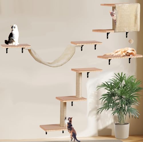 Katzen kletterwand Set katzenwand -Massivholz inkl. Katzentreppe Kratzbaum Wand | Katzenliege | Katzen Wandelemente | Kletterwand Katzen | Katzenhängematte | Katzenhaus (Beige) von Sublimei