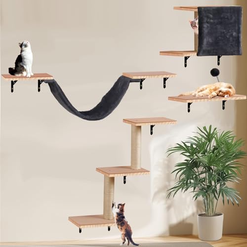 Katzen kletterwand Set katzenwand -Massivholz inkl. Katzentreppe Kratzbaum Wand | Katzenliege | Katzen Wandelemente | Kletterwand Katzen | Katzenhängematte | Katzenhaus (Dunkle Farbe) von Sublimei