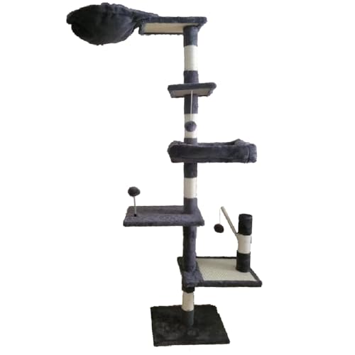 Kratzbaum deckenhoch Katzenturm mit Höhle, gemütlichen Hängematte, Plattformen und baumelnden Kugeln MX80 (Dunkle Farbe, XL) von Sublimei