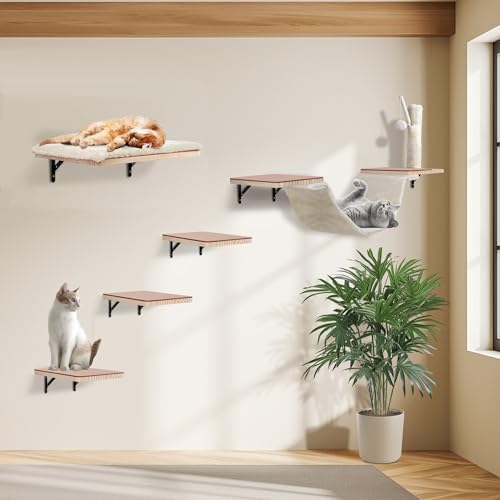 Sublimei Katzenkletterwand Massivholz inkl. 3X Katzentreppe Wand Katzenliege | Katzen Wandelemente | Kratzbaum Wand (Beige) von Sublimei