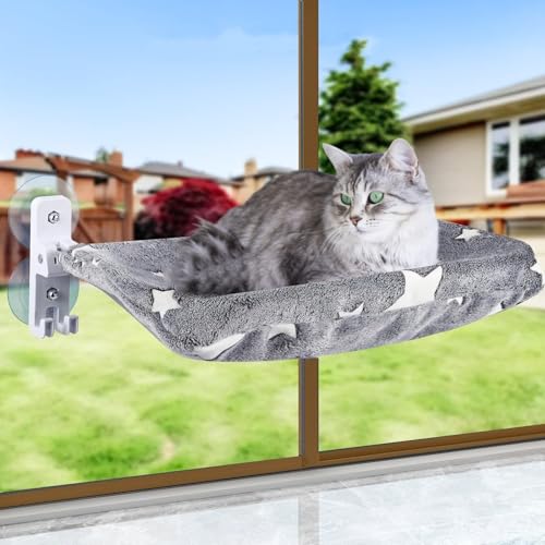 Katzen fensterliege-Faltbare Fenster hängematte für Katzen-Katze fensterbett,52cm Fenster hängematte für Große Katzen Bis zu 40LB Grau [Glühende Sterne Muster] (Grau-Sterne, L-52CM) von Sudadera
