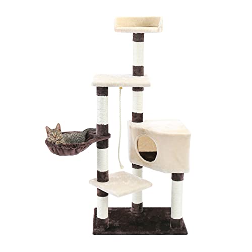 Mehrstufiger Kratzbaum for Katzen mit gemütlichen Sitzstangen, stabiles Katzenklettergerüst, Katzenkratzbrett, Spielzeug, grau und beige von Sudemota