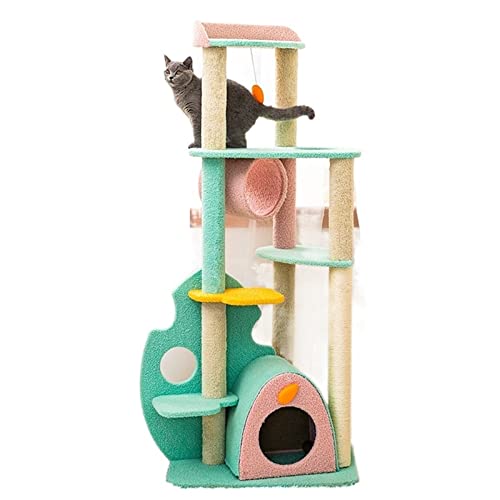 Süße Katze klettert auf Big Frame Pets Kratzbaumturm mit mit Sisal überzogenem Kratzbaum, gemütliche Eigentumswohnung, Plüschstangen und weiche Bälle von Sudemota