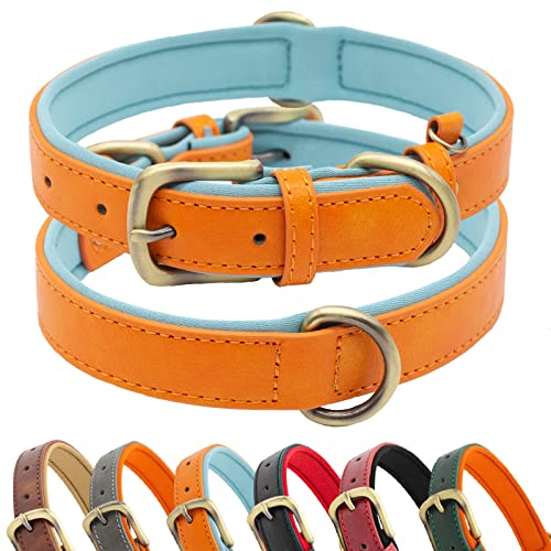 Hundehalsband aus Leder, weich gepolstert, atmungsaktiv, verstellbar, taktisch, wasserdicht, mittelgroße und große Hunde (L, Orange Blau) von SUFEI