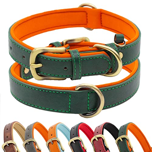 Hundehalsband aus Leder, weich gepolstert, atmungsaktiv, verstellbar, taktisch, wasserdicht, mittelgroße und große Hunde (S, Dunkelgrün-Orange) von SUFEI