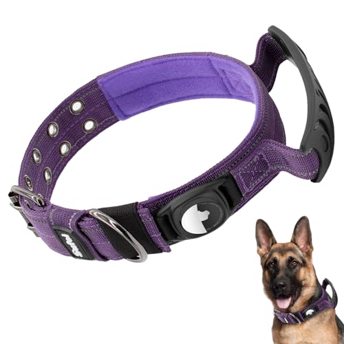 SUFEI AirTag Taktisches Hundehalsband mit Kontrollgriff, strapazierfähig, dick, GPS-Militär, strapazierfähiges Nylon-Hundehalsband mit AirTag-Halterung, Metallschnalle für mittelgroße und große Hunde von Sufei