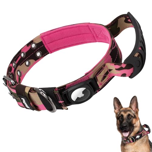SUFEI Taktisches Hundehalsband mit Griff,Strapazierfähiges Dickes Airtag Hundehalsband für mittelgroße große Hunde, Breit Starkes Hundehalsband für Training, Spazierengehen oder Jagd (XL, Pink Camo) von Sufei
