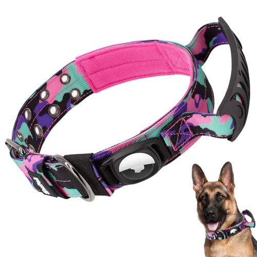 SUFEI Taktisches Hundehalsband mit Griff,Strapazierfähiges dickes Air Tag Hundehalsband für mittelgroße große Hunde, Spazierengehen oder Jagd (M, Grün Camo) von SUFEI