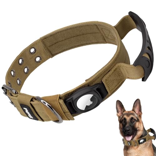 SUFEI Taktisches Hundehalsband mit Griff - Strapazierfähiges dickes Air Tag Hundehalsband für mittelgroße große Hunde, breites starkes Hundehalsband für Training, Spazierengehen oder Jagd (L, Braun) von Sufei