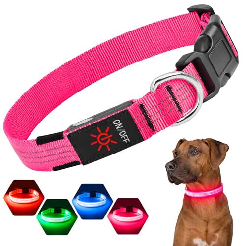 Suggifamy Leuchthalsband Hund - 3 Lichtmodi Hunde Leuchthalsband, Verstellbares Hundehalsband Leuchtend mit USB & Reflektierendem Gurt für Nachtsicherheit bei Hunden Aller Größen (Rosa L) von Sugiifamy