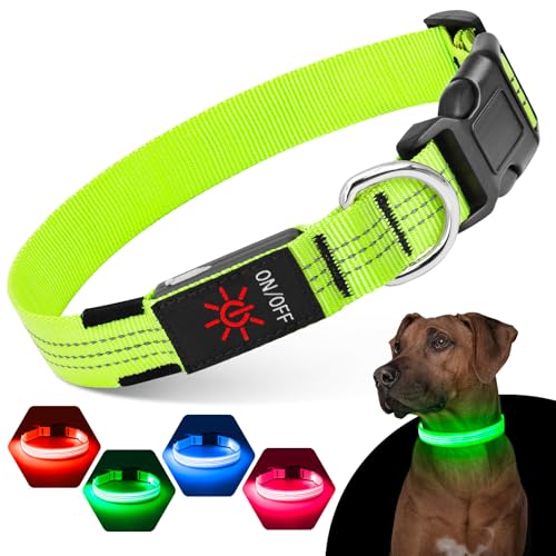 Suggifamy Leuchthalsband Hund Aufladbar – LED Hunde Leuchthalsband hundehalsband Leuchtend mit 3 Lichtmoden, Verstellbar, Sicherheit bei Nachtspaziergängen mit Reflektierstreifen(Grün L) von Sugiifamy