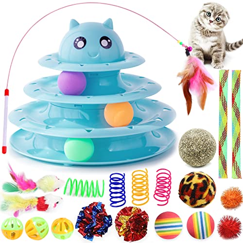 21 Packung Katze Spielzeug Interaktiv für Innenbereich Katzen Kätzchen Spielzeug Spaß Walze 3 Ebene Katze Teaser Ball Spielzeug mit bunten Bällen Kitty Spielzeug für Langeweile (Blau) von Suhaco