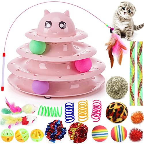21 Packung Katze Spielzeug Interaktiv für Innenbereich Katzen Kätzchen Spielzeug Spaß Walze 3 Ebene Katze Teaser Ball Spielzeug mit bunten Bällen Kitty Spielzeug für Langeweile (Rosa) von Suhaco